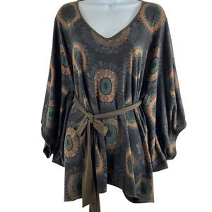 Francesca's Women’s Brown Retro Boho Pattern Poncho Top Tunic Tied Sz M/L